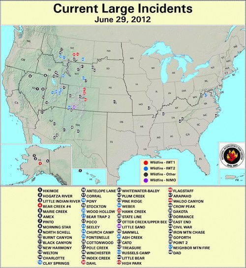 A map of all large fire incidents from the National Interagency Fire Center