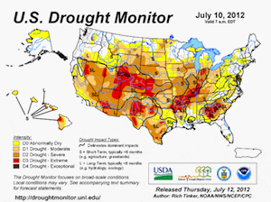 This image from the US Drought Monitor show drought extending through much of the US