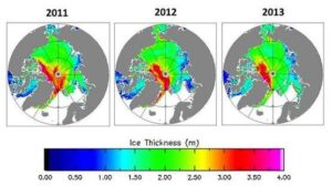 Variations in spring ice thickness