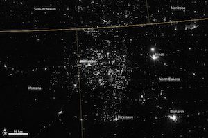Gas flares from the Bakken field seen from space