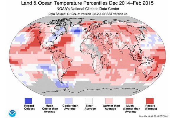 NOAA data showing average land and sea surface temperatures for December 2015 to February 2015. The warmest winter on record