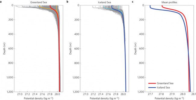 a,b, Profiles for the Greenland Sea (a) and the Iceland Sea (b). The traces are individual profiles (grey), means of the 20% most- and least-stratified profiles (orange and cyan), and overall means (red and blue). c, Comparison of the mean profile from each gyre. Note the different x-axis scale.