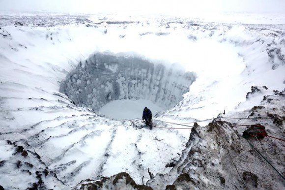 A crater in Siberia - melting ice and permafrost in the Arctic