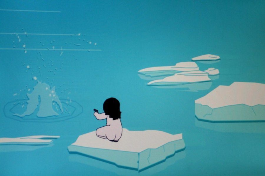 A conceptual image of a young girl alone on a melting ice flow