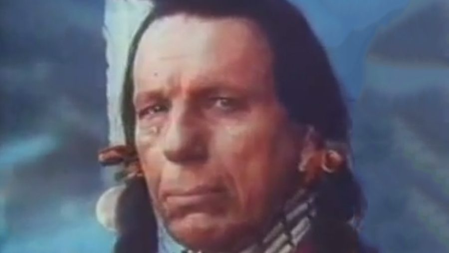 A Native American with a tear running down his cheek from a popular 1970s TV commercial promoting environmental stewardship
