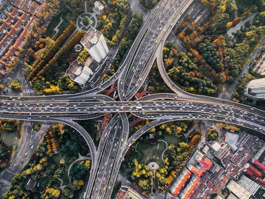 An aerial view of a freeway interchange