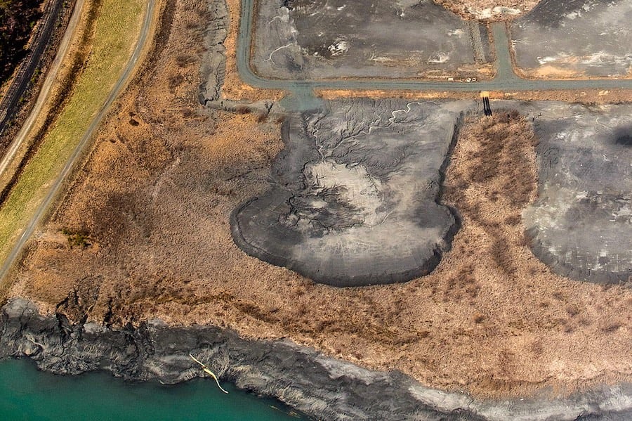 A aerial view of a coal ash waste pond