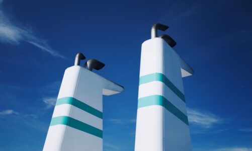 A close-up image of cruise ship exhaust stacks