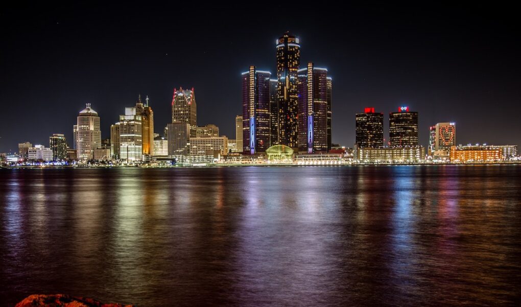 The Detroit skyline at night