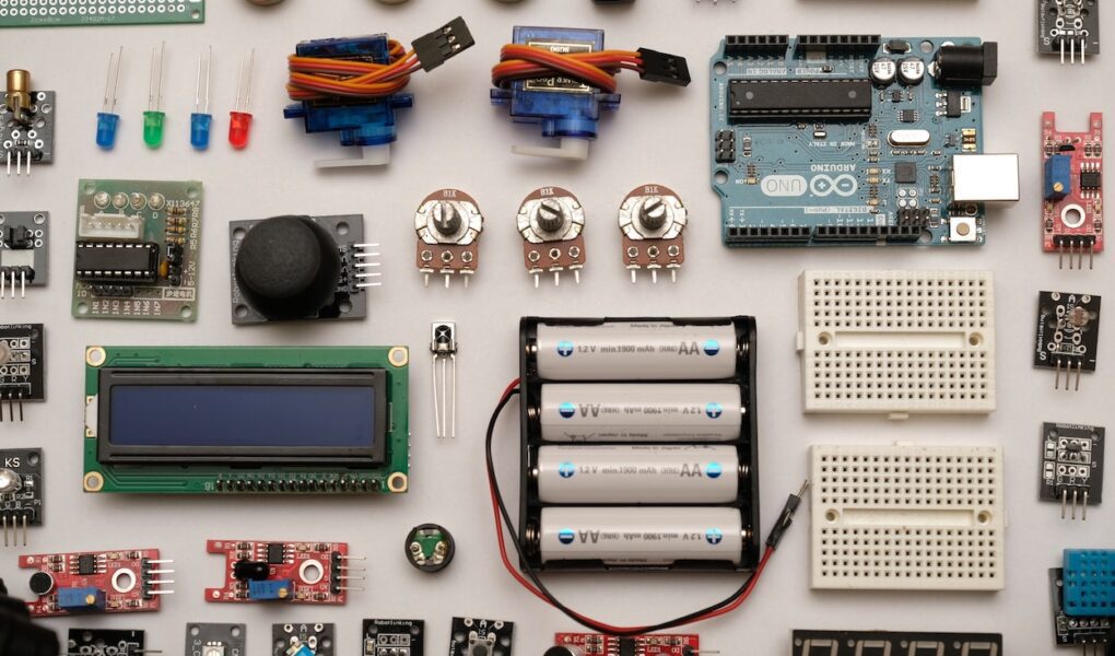 A collection of electronics components laid out on a table