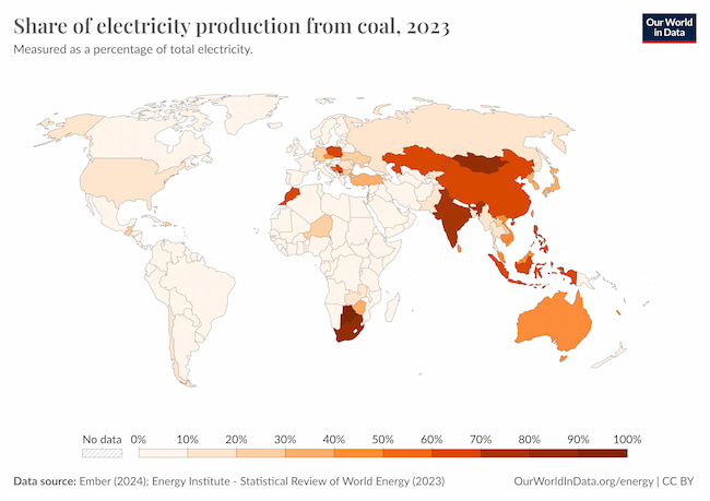 A map showing percentage of coal-fired energy by country